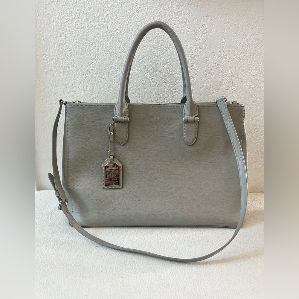 Lauren Ralph Lauren Gray Leather Newbury Double Zip Satchel Crossbody TotePurse